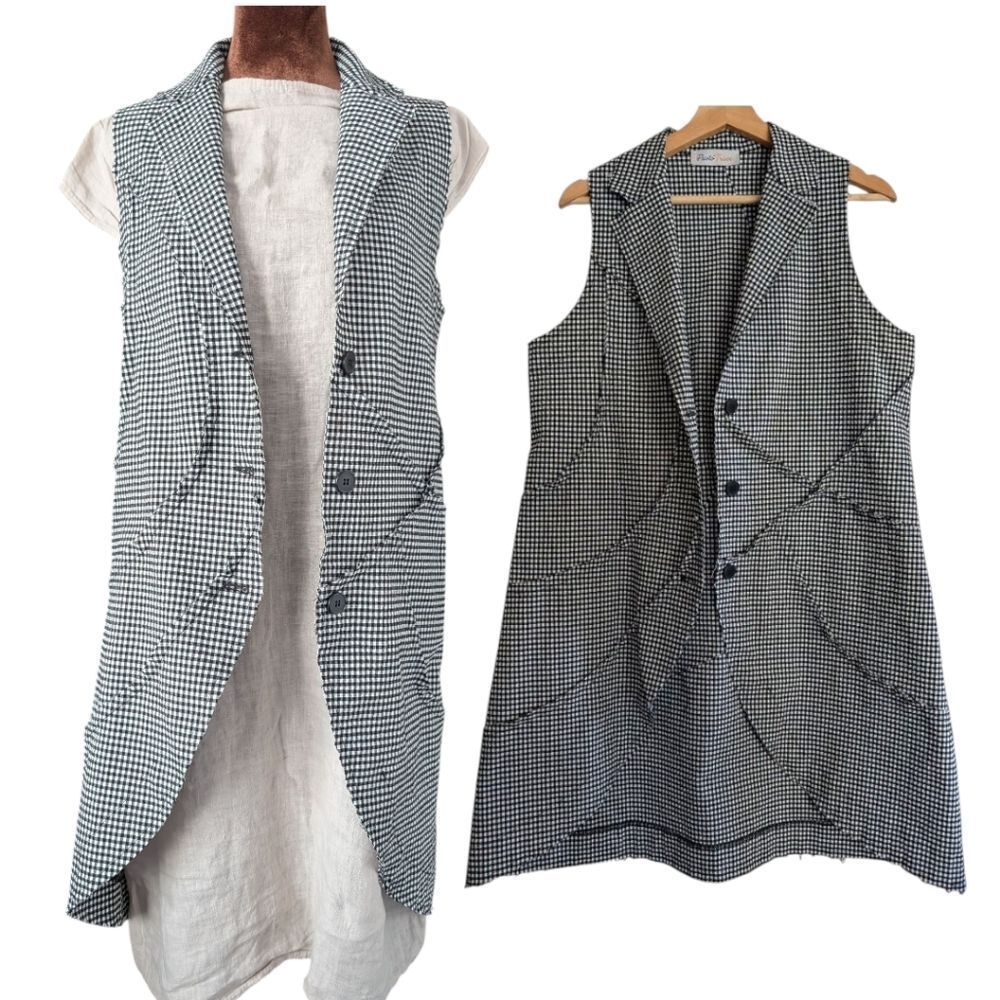 Paolo Tricot Checkered Gingham Sleeveless Long Vest Gillet Medium